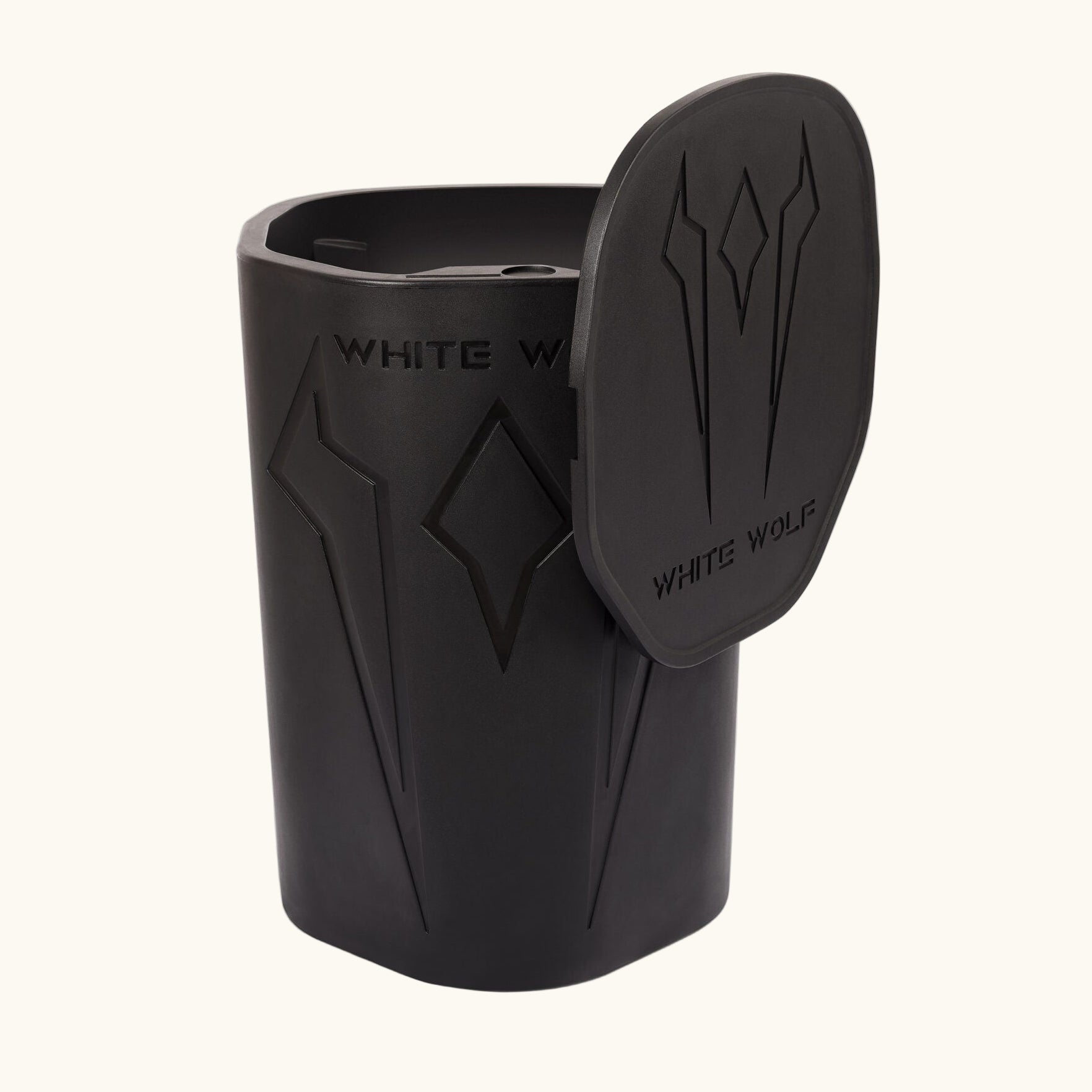 Black cold plunge tub with lid featuring 'White Wolf' branding on a white background